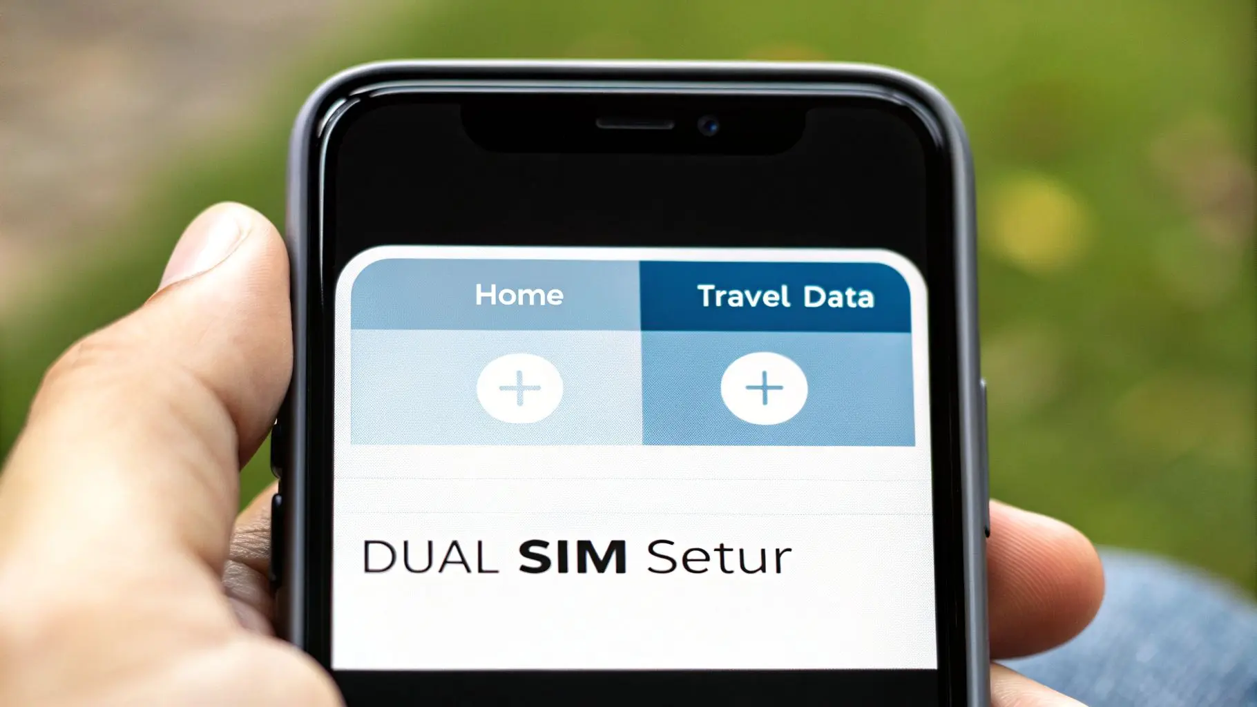 A smartphone displaying a 'Dual SIM Setup' screen with 'Home' and 'Travel Data' options